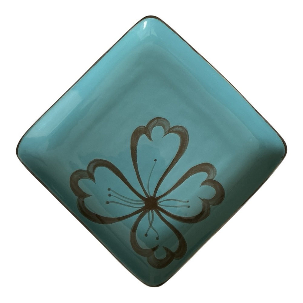 Pier 1 Hibiscus Pattern Square Dinner Plate Teal And Brown Flower Design Vintage